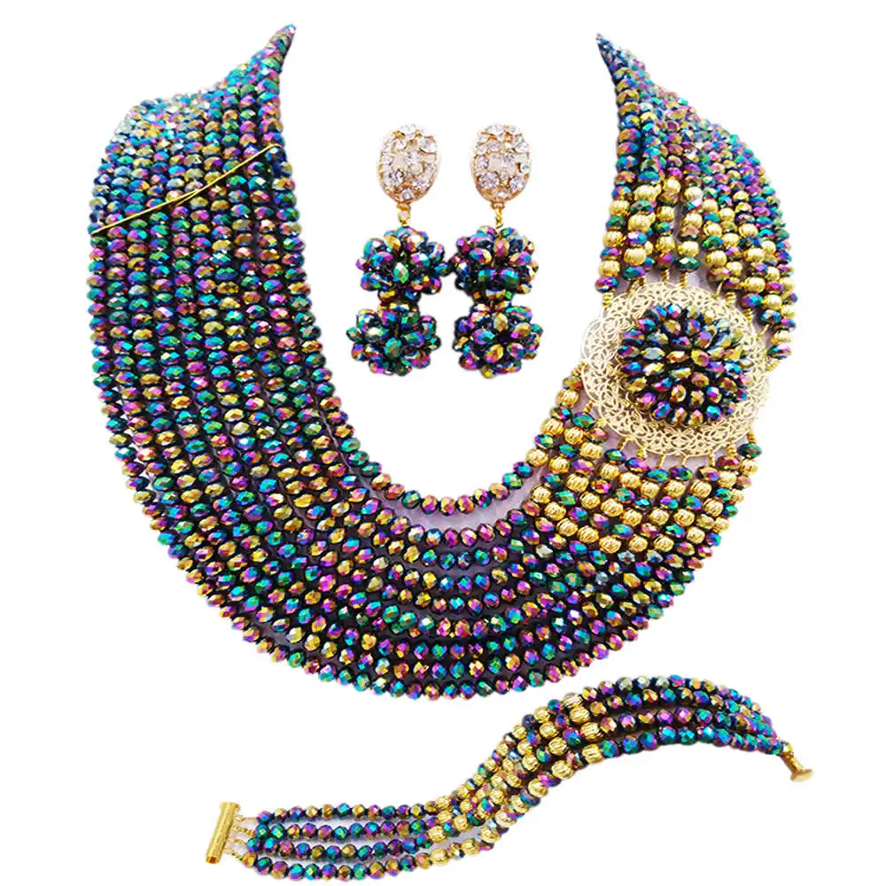 

Fashion Multicolor Plated African Wedding Beads Nigerian Necklace Jewelry Set Crystal Bridal Party Jewelry Sets 10DPH07