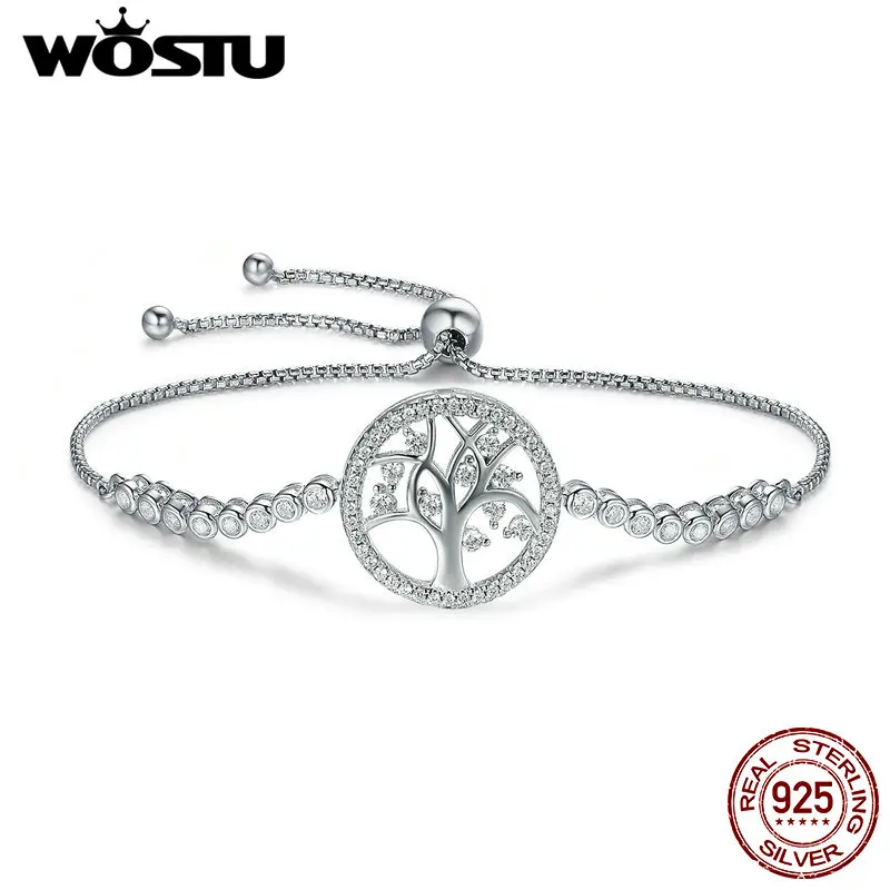 WOSTU Authentic 100% 925 Sterling Silver Tree of Life Tennis Bracelet Women Adjustable Link Chain Bracelet Silver Jewelry FIB035