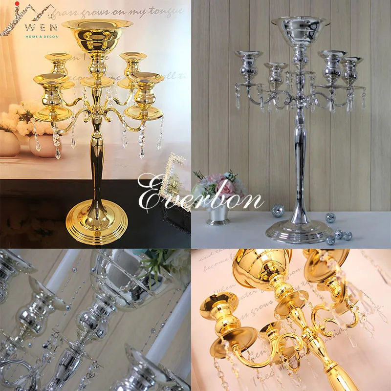 10pcs/lot,Gold/Silver 5 Heads Crystal Candelabra, Candle Holder, Flower bowl Candle Holder with Pendants for Wedding Centerpiece