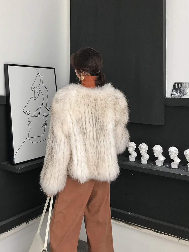 Imported raccoon fur woven fur coat female short paragraph fox fur long sleeve round neck 2019 winter new style