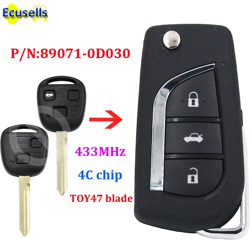 Upgraded Flip Remote Key Fob 433MHZ with 4C chip for Toyota Yaris Avensis Corolla P/N:89071-0D030 uncut TOY47 blade