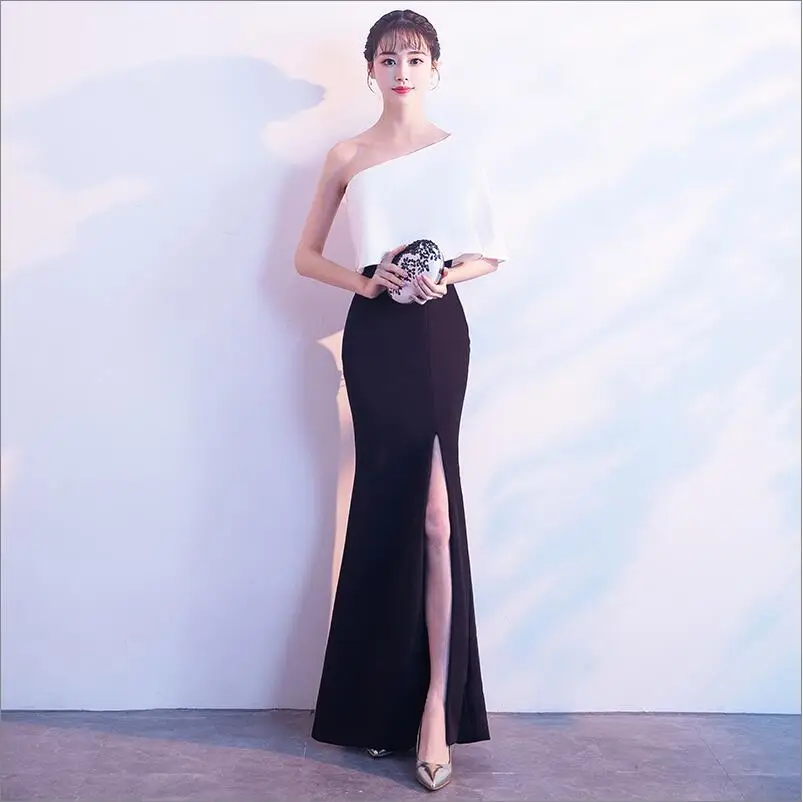 YNQNFS IED012 Sexy Mermaid High Slit One Shoulder Black and White Evening Dress 2024