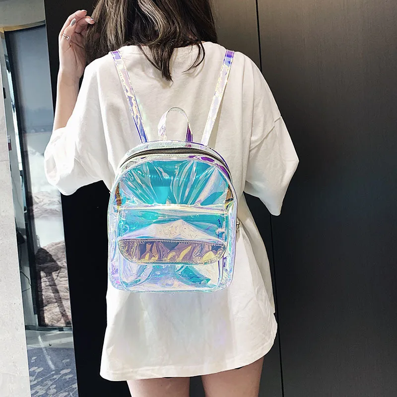 Mochila transparente de PVC para mujer, bolsa Ita Harajuku, escolar, Kawaii, holográfica