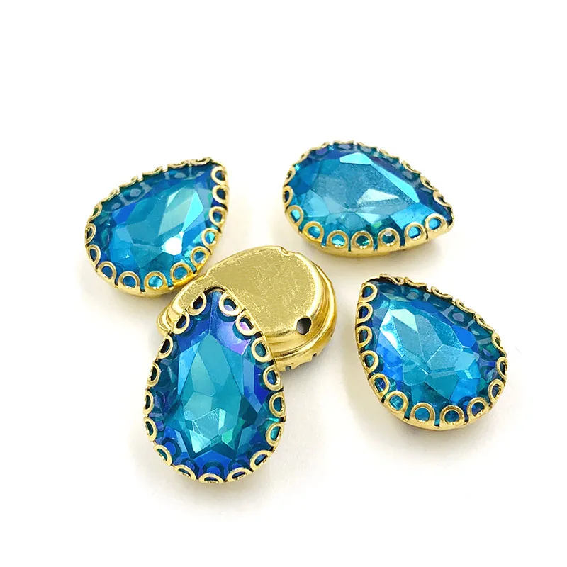 New arrival Teardrop shape strass sew on rhinestones gold base lacy claw glass crystal rhinestone Diy clothing accessories 20pcs