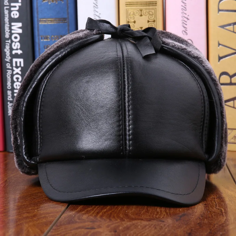 

Man Genuine Sheepskin Leather Adult Hats Male Ear Winter Thermal Cap Baseball B-0610