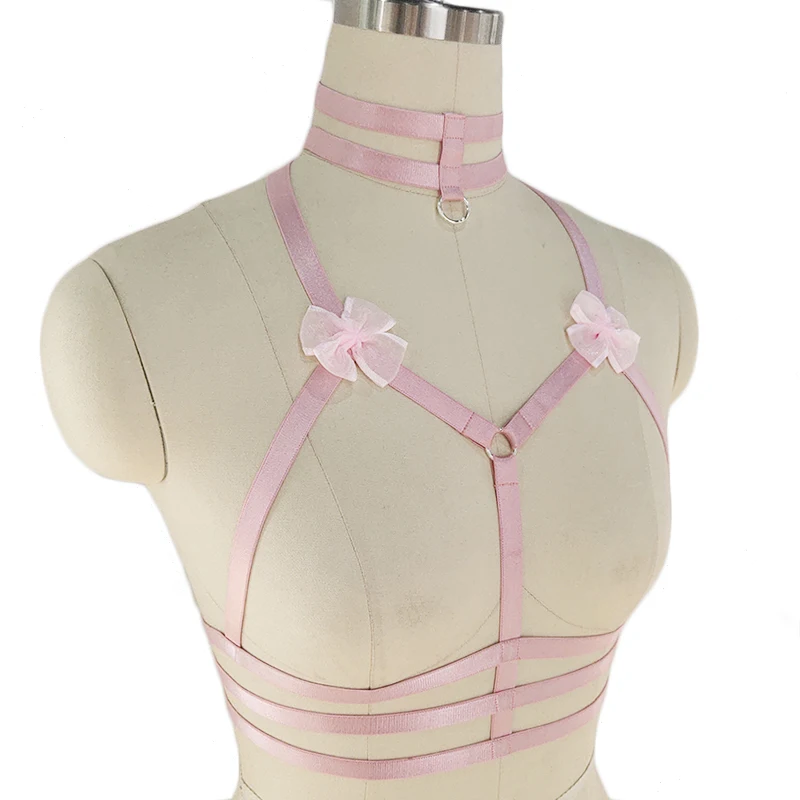 Original Design Pink Collar Bow Harness Bra Kawaii Open Chest Bondage Body Cage Pastel Gothic Body Harness Belt