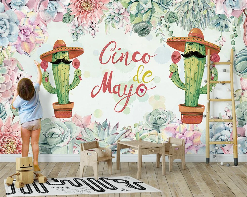 

Beibehang Custom wallpaper Nordic hand-painted succulents children's room background walls furniture decoration 3d wallpaper