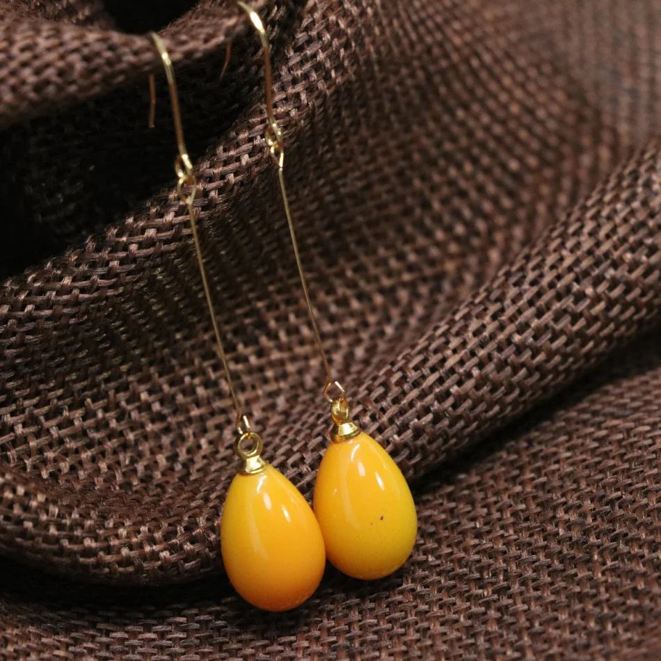 Unique design yellow baking paint glass 9*13mm long earrings fashion women party dangle eardrop jewelry B1800