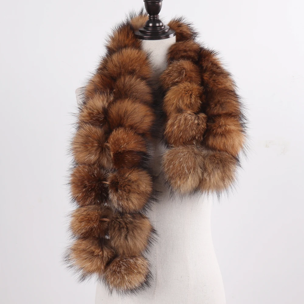 2024 New Style Fashion Pompoms Lady Real Raccoon Fur Scarves Women Winter Warm Natural Fox Fur Scarf Fluffy Genuine Fur Muffles