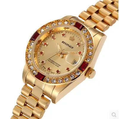 Fashion Full Gold Steel Rhinestone Reginald Brand Watch Woman Water Resistant Calendar Wristwatches Dress Gift Luxury Watches