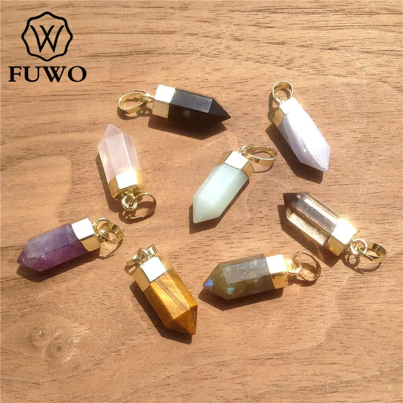 FUWO Wholesale Lovely Natural Crystal Point Pendant,Golden Plated Bullet Shape Quartz Accessories For Jewelry Making 5Pcs PD125