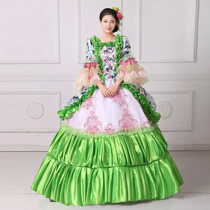 100%real green ruffled flower Medieval Renaissance ball gown Sissi princess dressVictorian/Marie Antoinette/Colonial Belle Ball