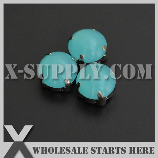 10mm Mounted Cabochon Round H17 Teal Opal Acrylic Rhinestone in Silver NICKEL Sew on Setting for Shoe,Garment