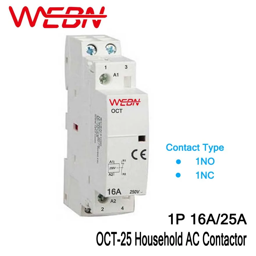 

OCT Series 1P 16A/25A AC Household Contactor 230V 50/60Hz Contact 1NC/1NO One Normal Close or Normal Open Din Rail Contactor