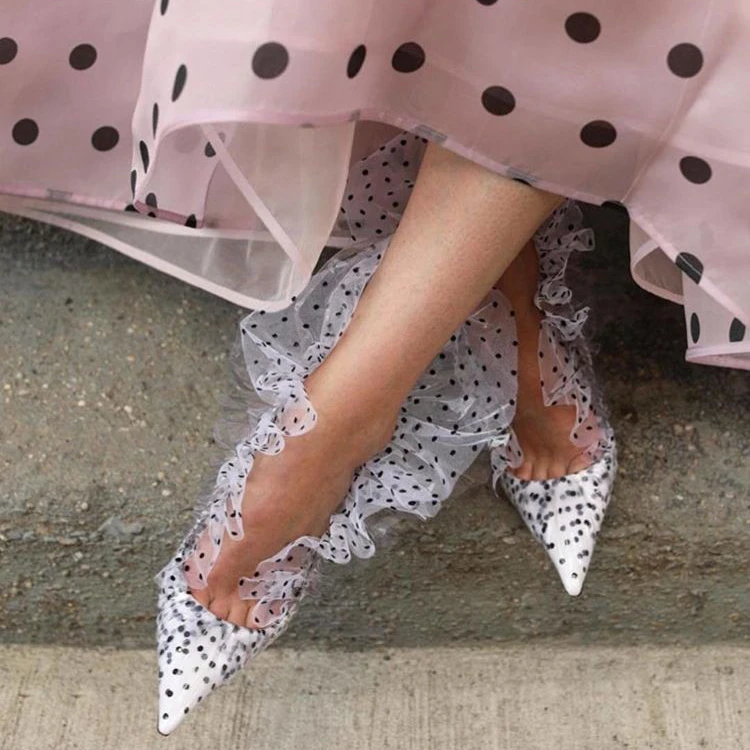 Sestito Newest Style Girls Sweety Dot Print High Heels Pumps Ladies Pointed Toe Mesh Dress Runway Shoes Women Slip-on Shoes