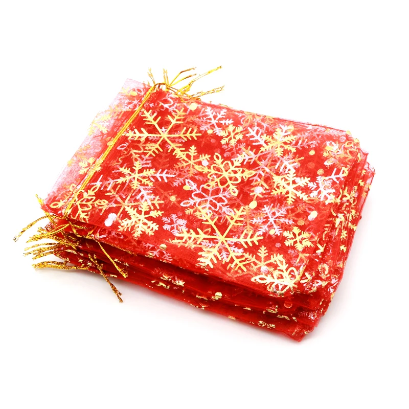 50Pcs/Lot White Organza Bags 7x9 10x14 13x18cm Wedding Christmas Candy Gifts Packaging Bags Snowflake Drawstring Pouch Gift Bag