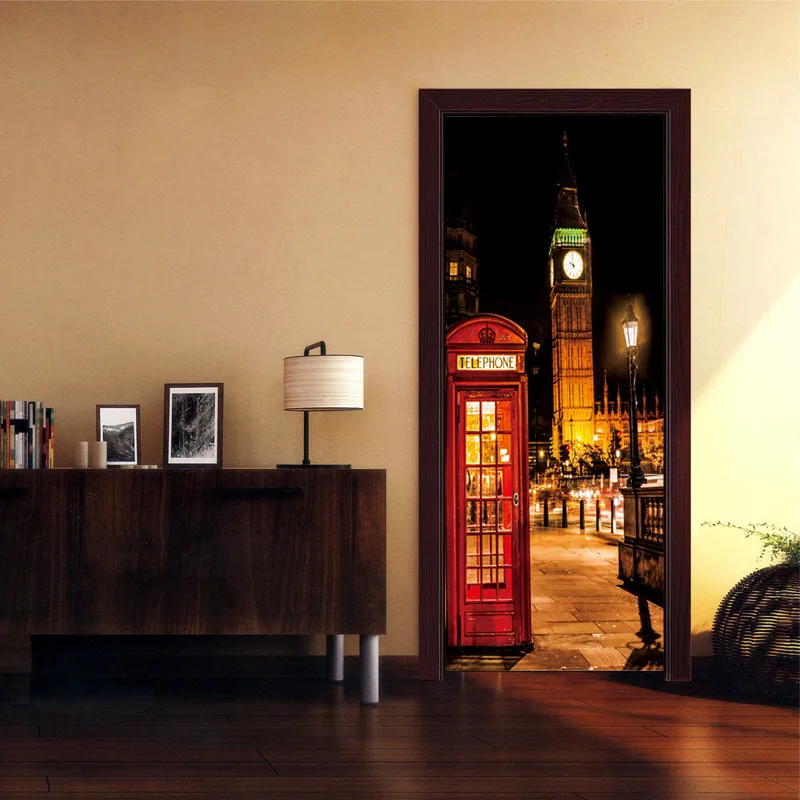 European Style England London Big Ben Red Phone Booth Nightscape 2 Pcs/Set Landscape Wall Door Stickers Bedroom HomeDIY Mural