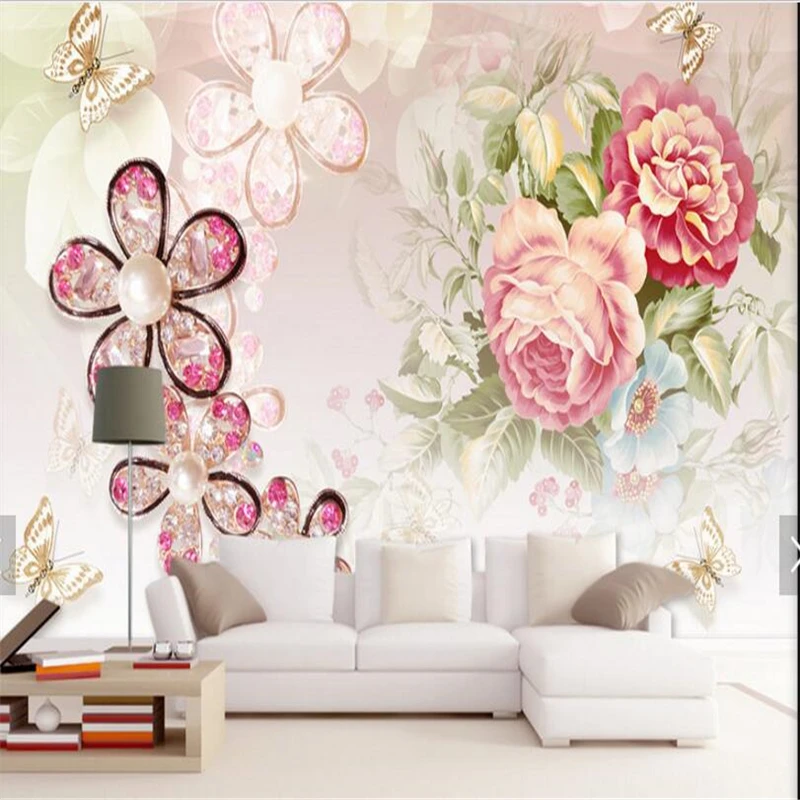 

beibehang wallpaper for walls 3D Dia mond Flower Gold Butter fly Peony Stereo Jewelry Back ground Wall wallpaper