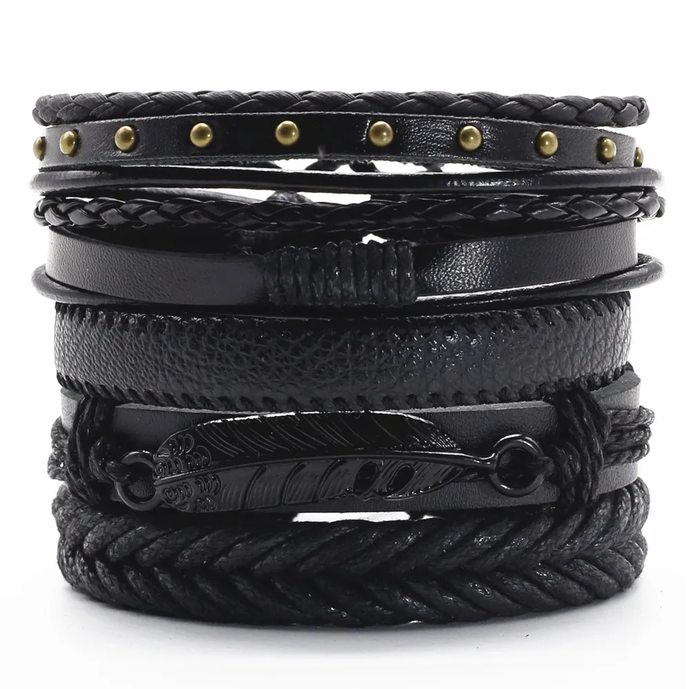 5 Pcs/set Punk Casual Woven Leaf Feather Wing Guitar Charm Wrap Men Leather Bracelets Women Homme Femme Male Jewelry