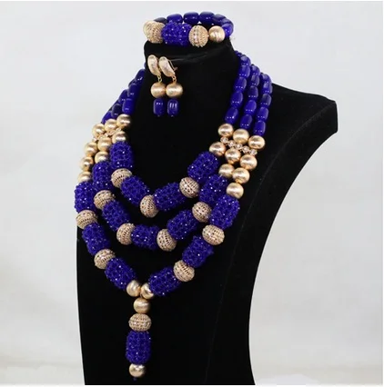 Dubai Gold Bridal Jewellery Set New Royal Blue Wedding African Beads Jewelry Set Blue Crystal Beaded Pendant Necklace Set ABH776