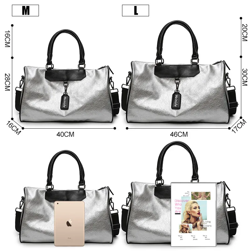 Silver Sports Bag Lady Luggage Bag in Travel Bags with Tag Duffel Gym Bag Leather Women Yoga Fitness sac de sport Big XA806WD