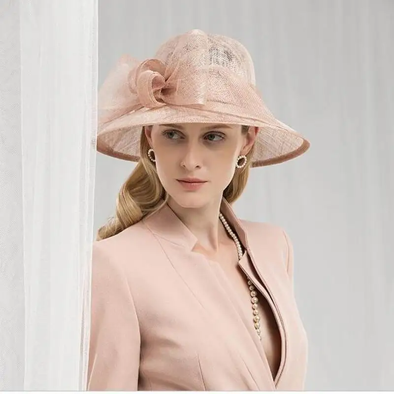 Elegant Beige White Black Pink Wide Brim Ladies Sinamay Womens Hat Elegant Big Bow Linen Wedding Fedoras Kentucky Derby Hats