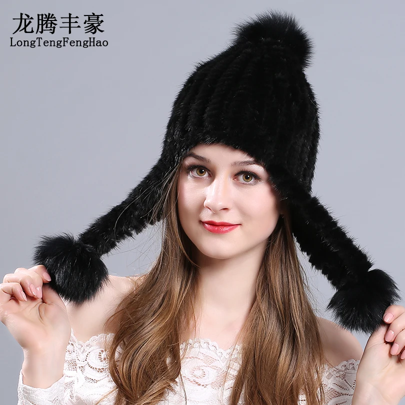 

Knitted Hats For Winter Women Beanies Mink Fur Cap 100% Real Mink Fur Hat Knitted Cap Lady Girl Beanies Ear Female Cap Russian