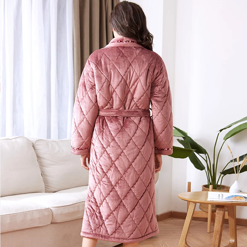 Thick quilted flannel robe long-sleeve women big yards M-3XL coral fleece bathrobes female sleepwear winter pijamas para mujer