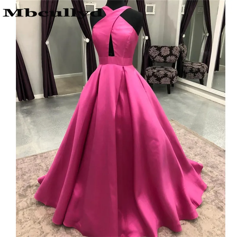 

Mbcullyd Criss Cross Keyhole Neck Prom Gowns A Line Pleated Evening Dresses Open Back vestidos de fiesta de noche with Pockets