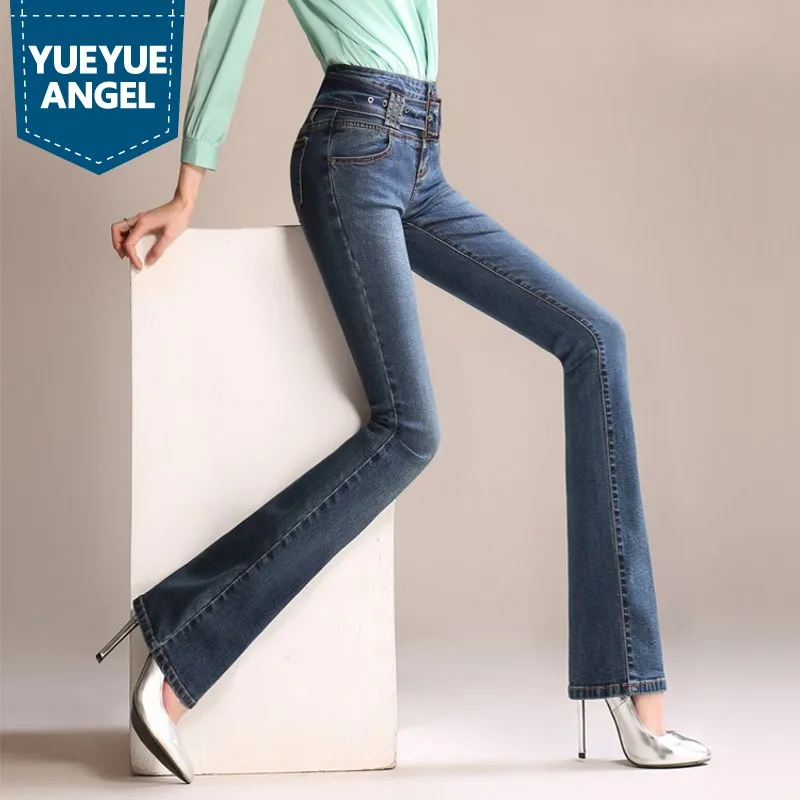 New Arrival Personality Buckle Design Womens Jeans High Waist Denim Wide Leg Pants Autumn Comfort Stretch Female Trousers