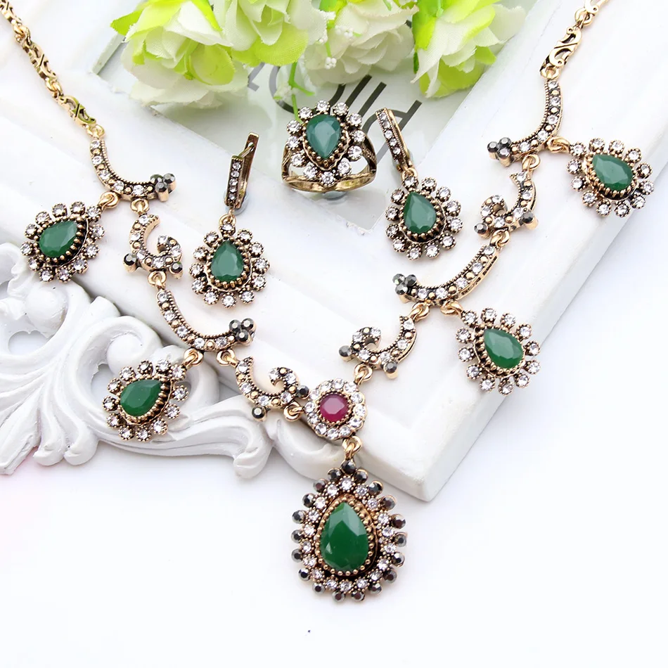 Sunspicems Bohemia Wedding Jewelry Sets for Women 4PCS Antique Gold Color Earring Bracelet Ring Necklace Full Crystal Bride Gift