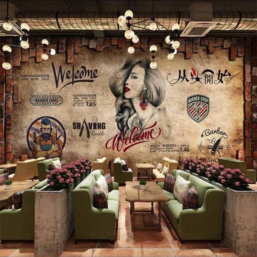 Papel tapiz personalizado 3d pared de viento industrial europea y americana ladrillo salón de belleza barbería Fondo papel tapiz papier peint