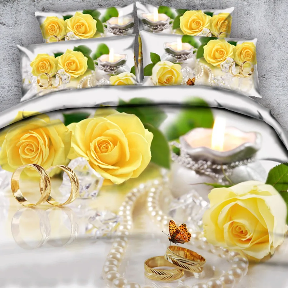 Goldeny 4 Parts Per Set Butterflies and Wedding Bouquet of Roses 3d Bedding