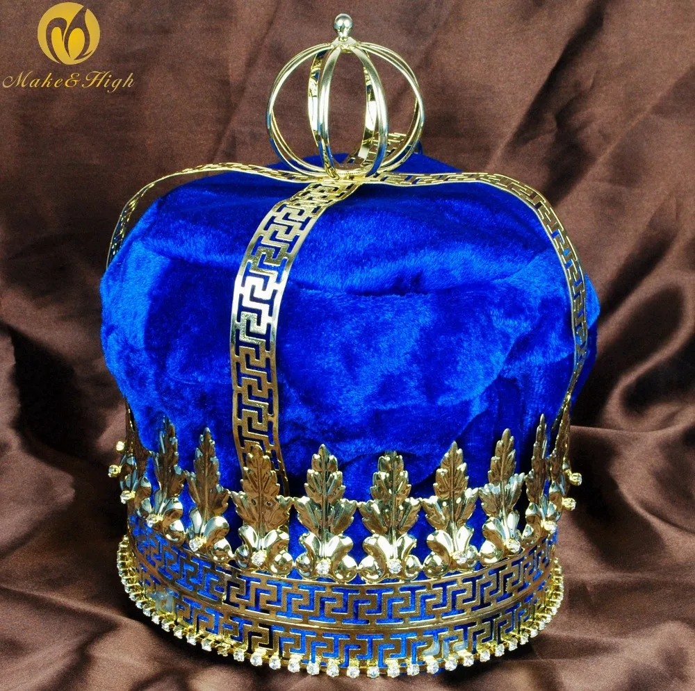 

Men 9" Gold Tiara Large Diadem Emperor King Royal Blue Velvet Crown Austrian Rhinestone Parade Pageant Party Costumes