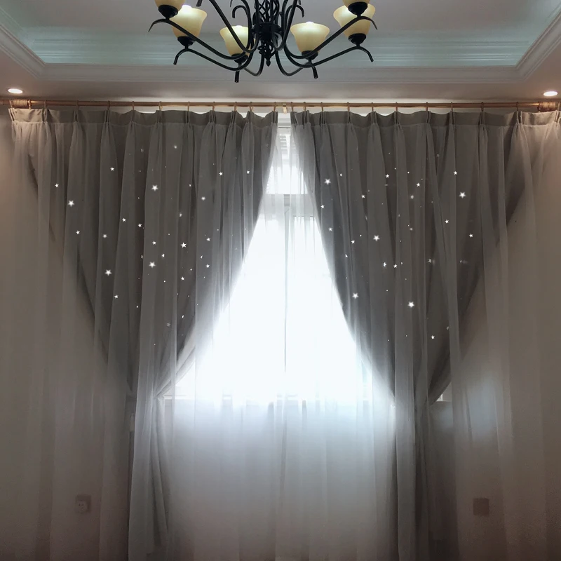 Princess Style 2 Layers Curtain for Girl's Bedroom and Living Room, Hollow Star Curtains, Grey Blackout Curtains with Lace Edge