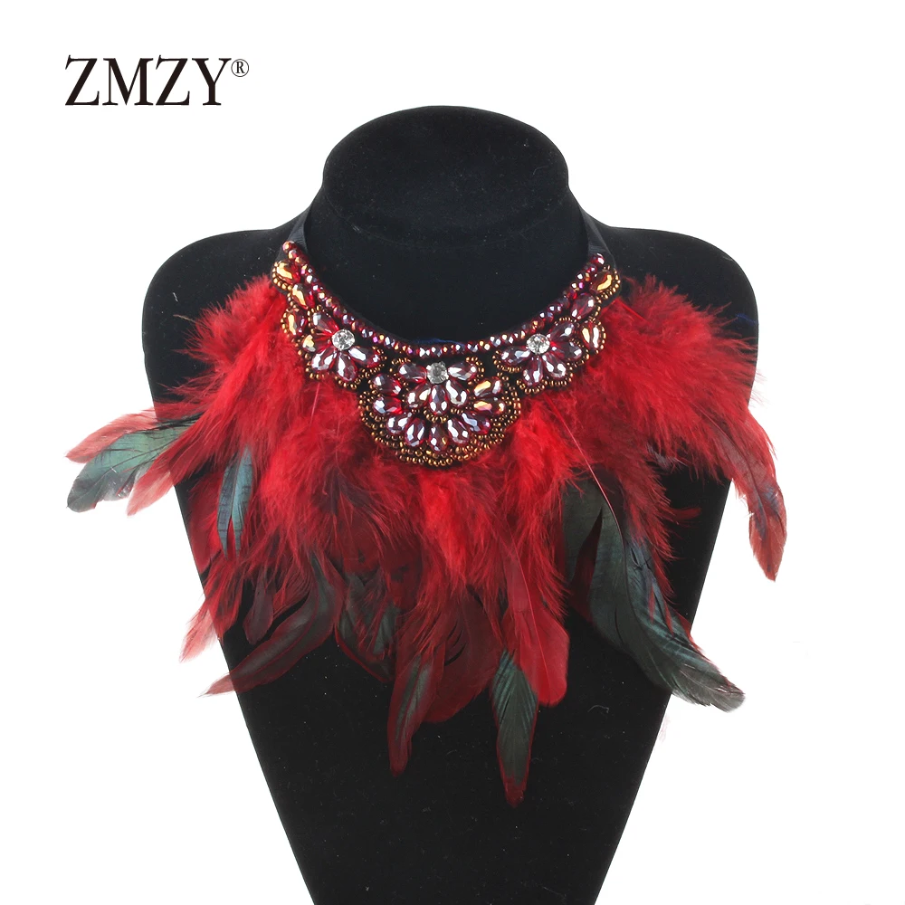 ZMZY Feather Hand-made Red Choker Necklace Women Hot Collar Neck Maxi Collier Trendy Glass Statement Jewelry