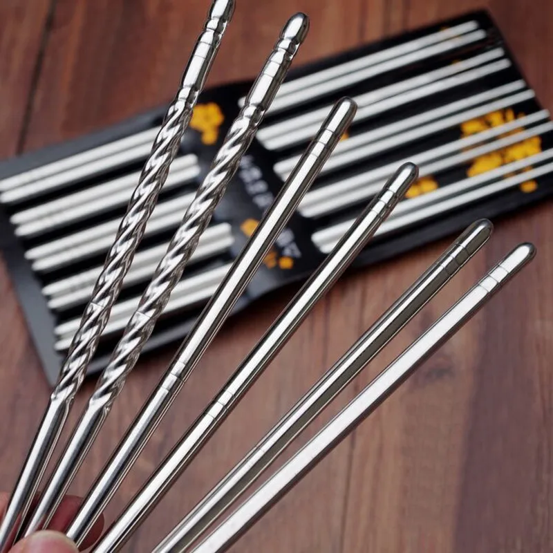 5 Pairs Stainless Steel Square Chopsticks Chinese Stylish Healthy Light Weight Chinese Chopsticks Metal Non-slip Design Kitchen