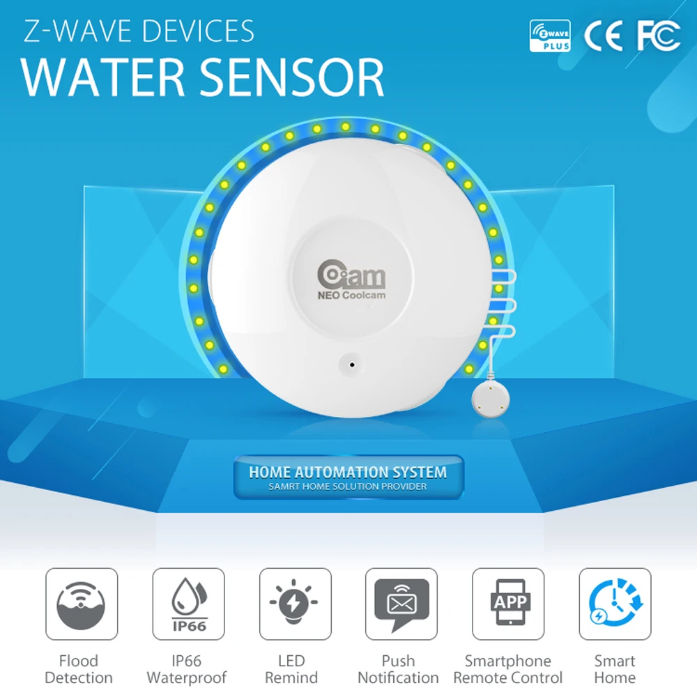 Top Z-Wave Flood Sensor, Smart Home Automation, ZWave Sensor de vazamento de água com sonda remota, resistente à água