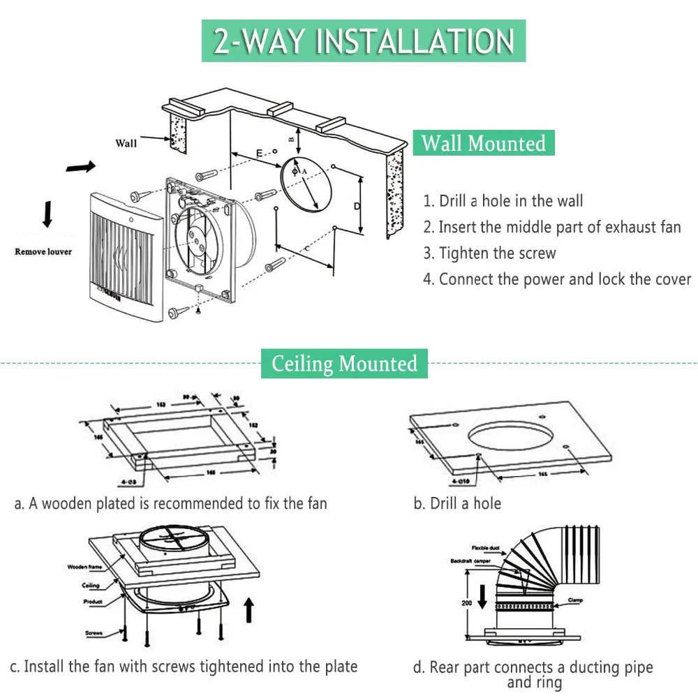 Hon&Guan 4\'\' Home Silent Exhaust Fan Kitchen Hood Ventilation for Bathroom Ceiling Window Wall Air Extractor with 4W LED Light