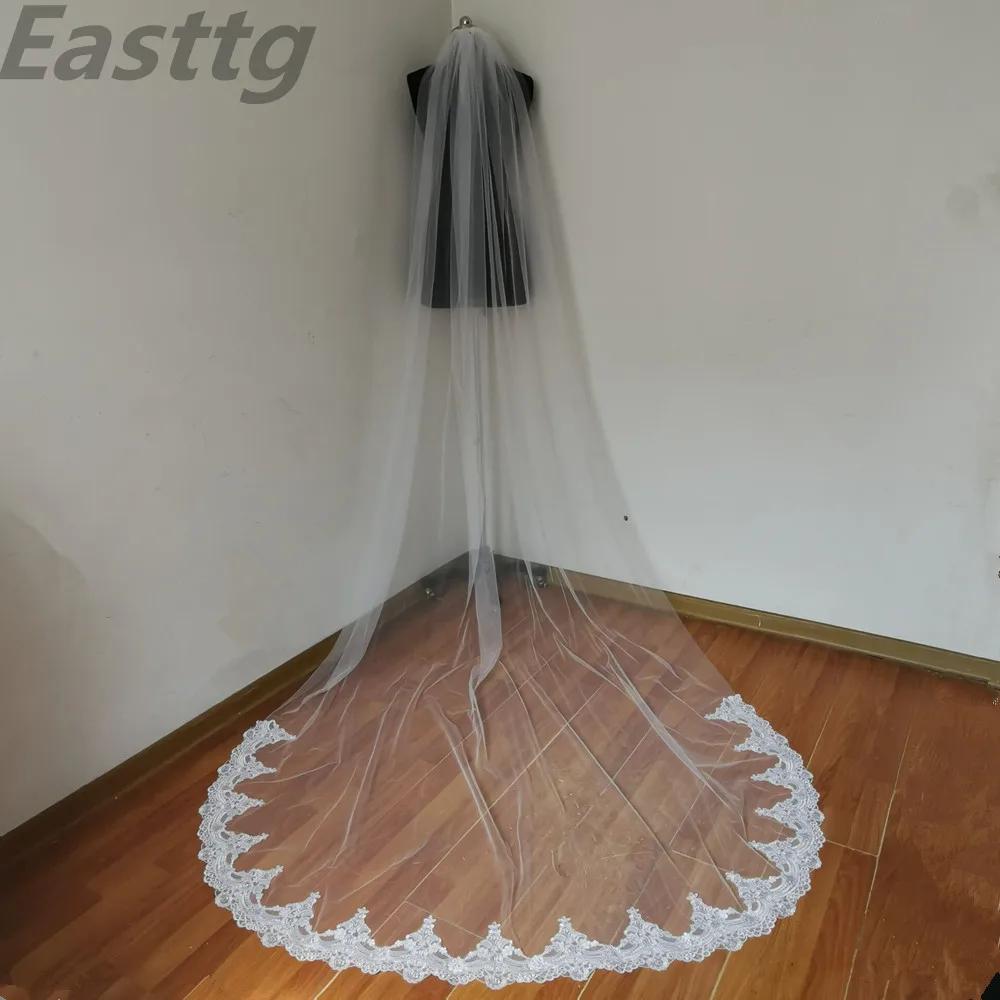 Immagine reale bianco avorio 300cm lunghezza cattedrale veli da sposa uno strato pizzo accessori da sposa velo con pettine Veu de Noiva