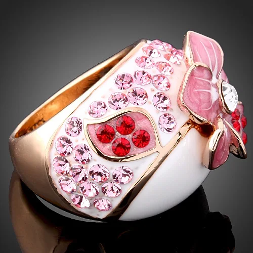 Chran Trend Enamel Pink Flower Desgin Promised Rings for Women Gold Color Crystal Engagement Rings Jewelry Accessories