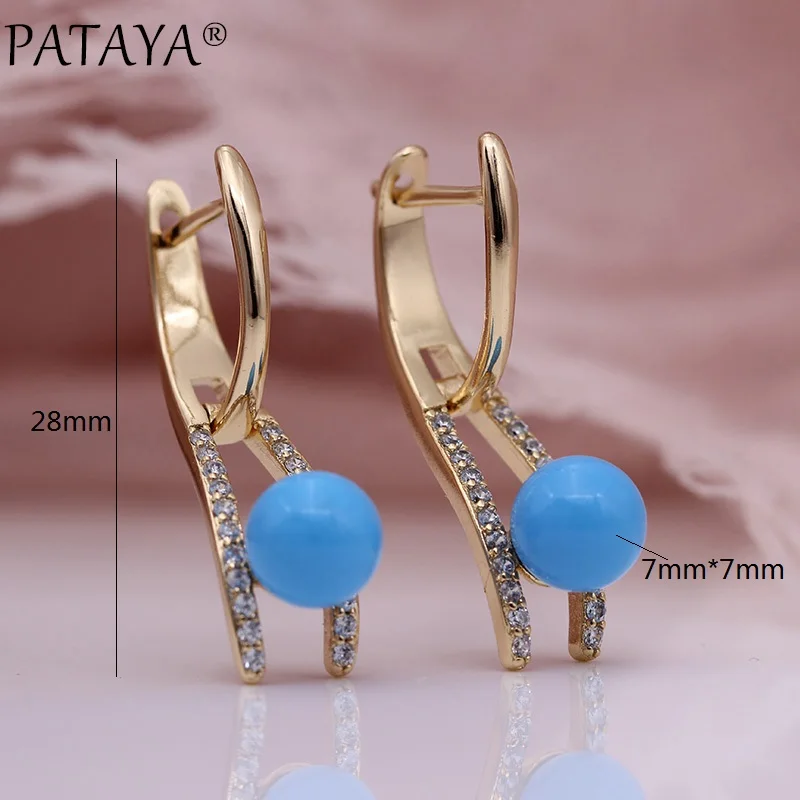 PATAYA New Fine Turkish Blue Shell Pearls Drop Earrings 585 Rose Gold Color Fashion Jewelry White Round Natural Zircon Earrings