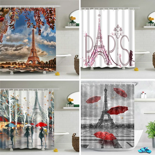 Paris Shower Curtain Vintage Raining France Tower Shower Curtains For Bathroom Polyester Car Street Dark Clouds