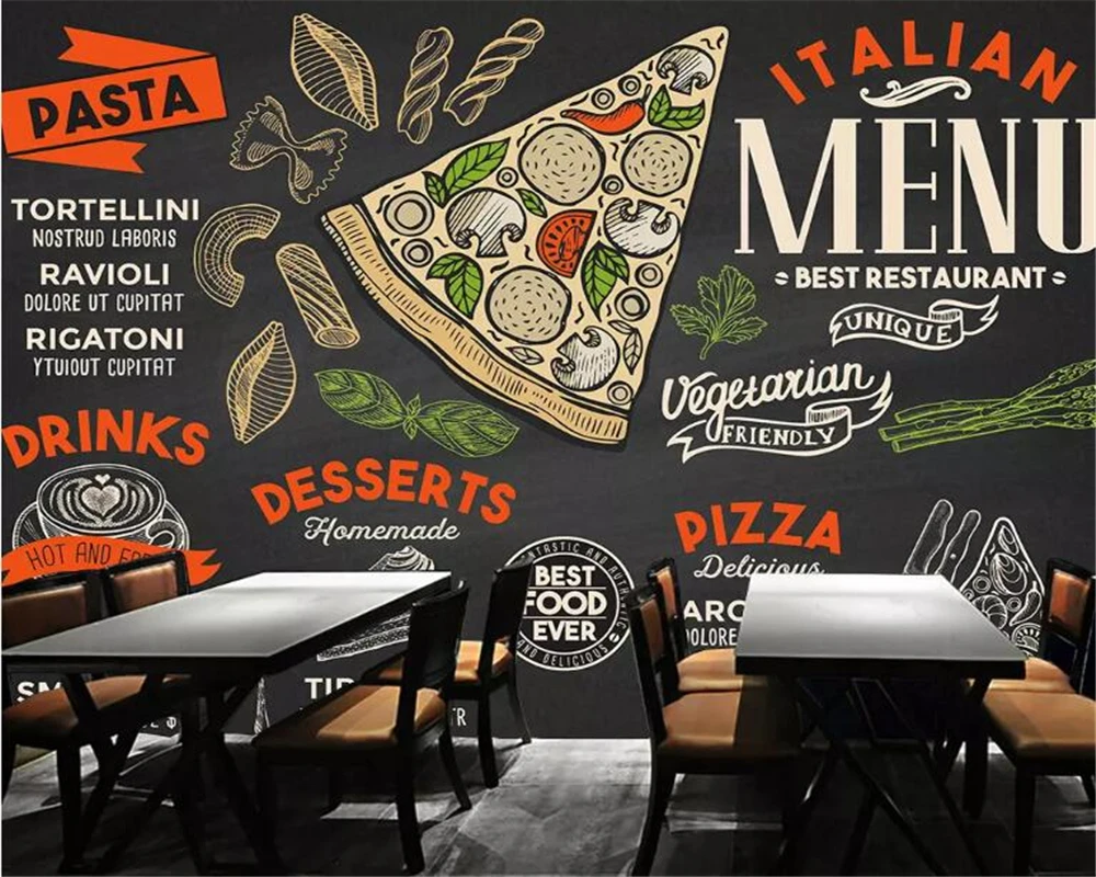 

Custom size mural with Black background pizza theme elements Mural Home decor Restaurant decorative painting 3d wallpaper