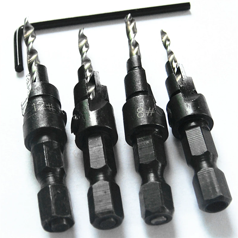 Brocas avellanadas HSS 1/4, vástago hexagonal, herramienta de Tapper para carpintería, Agujero Piloto de madera, tamaño #6 #8 #10 #12, con una llave, 4 piezas