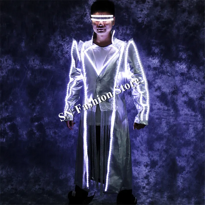 LZ45 White led light costumes ballroom dance MJ jacket coat party wears stage cloth luminous glowing Windbreaker glasses show dj