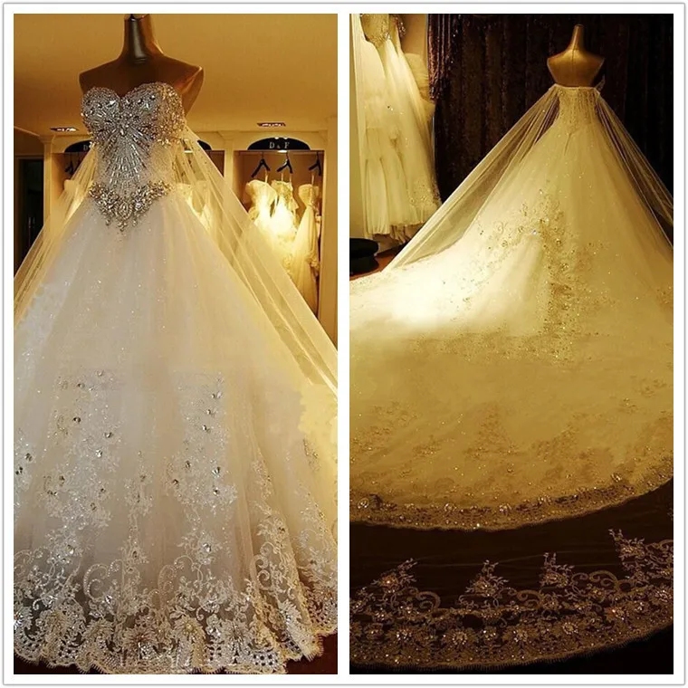 คริสตัลหรูหราชุดแต่งงานชุดเจ้าสาว Appliques Chapel Train ความยาวชุดแต่งงาน VESTIDO DE NOIVA