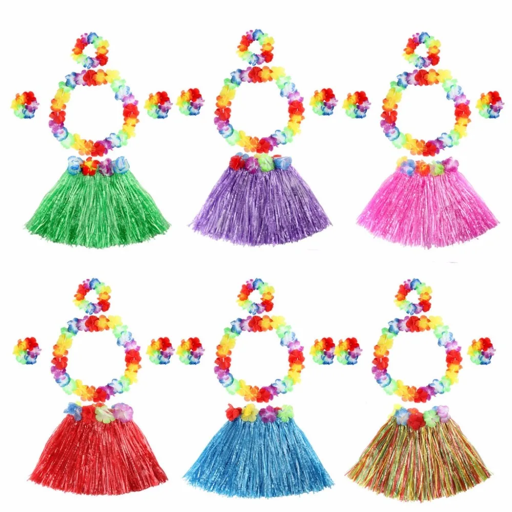 Kids Hawaiian Grass Hula Lei Skirt Flower  Costume Set