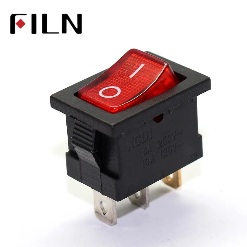 FILN 5Pcs 3 pins on off 13x19mm mini rocker switch in 220v red lighting 6a250vac kcd1-101 mirs-101