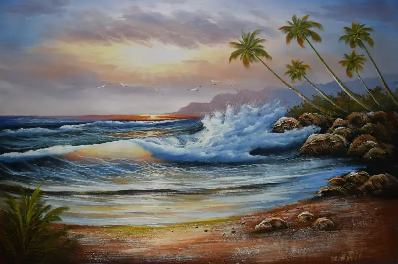 

HandPainted Modern Beach Sea Wave Seascape Oil Canvas Painting Palm Trees Beach Painting Wall Art Painting Picture for Room Decr